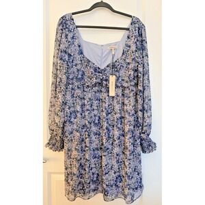 BCBG Floral Babydoll Dress 16 XL Blossom Bliss Blue Balloon Sleeve NWT